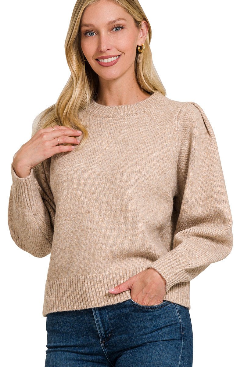 Crewneck Puff Long Sleeve Sweater - Mocha - Lavender Hills BeautyZenana