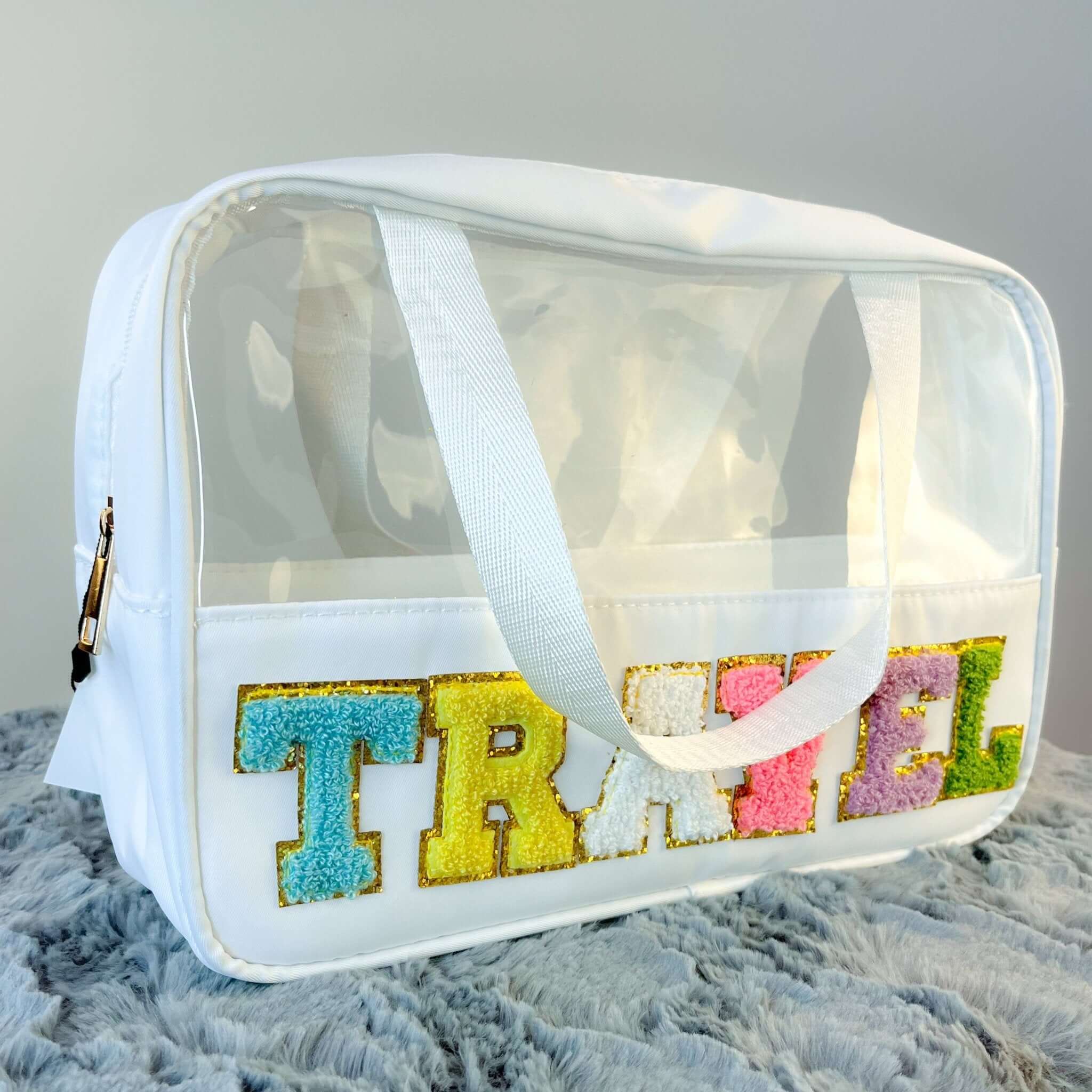 Travel Clear Bag with Chenille Letters - Lavender Hills BeautyLavender Hills BeautyU-213
