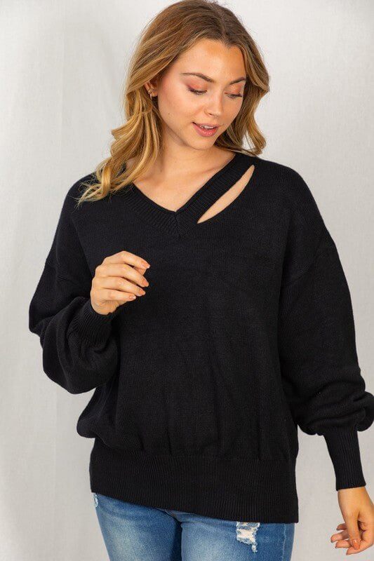 V-Neck Cutout Knit Sweater - Black - Lavender Hills BeautyWhite Birch