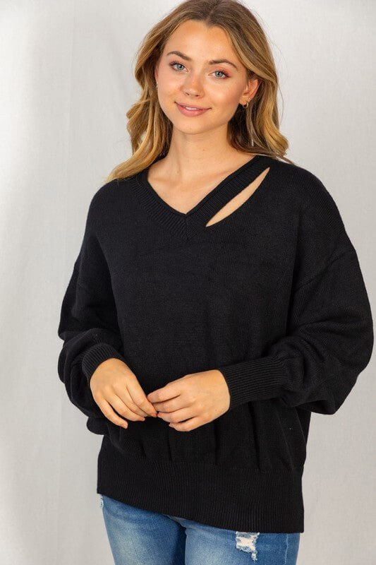 V-Neck Cutout Knit Sweater - Black - Lavender Hills BeautyWhite Birch
