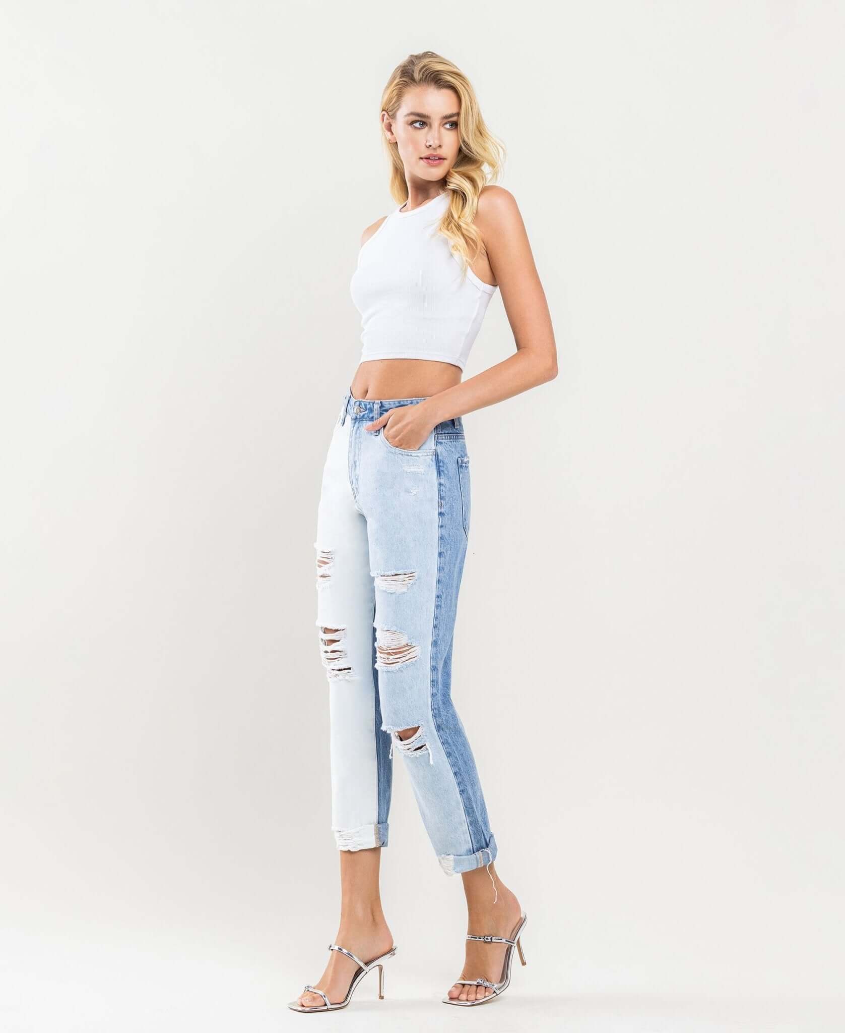 Emma Distressed Color Block Mom Jeans - Lavender Hills BeautyVervet by Flying MonkeyV2794-25