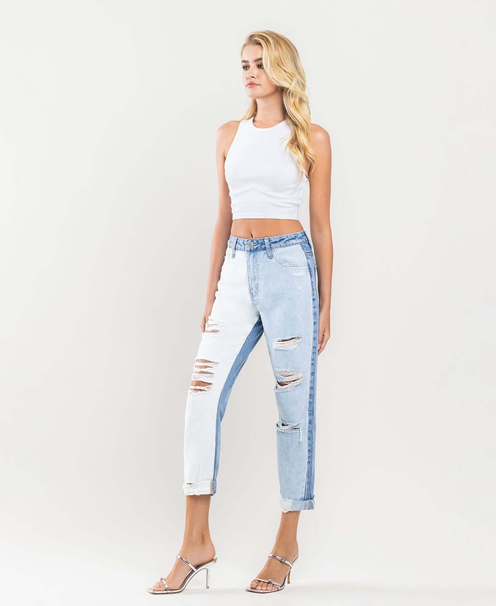 Emma Distressed Color Block Mom Jeans - Lavender Hills BeautyVervet by Flying MonkeyV2794-25