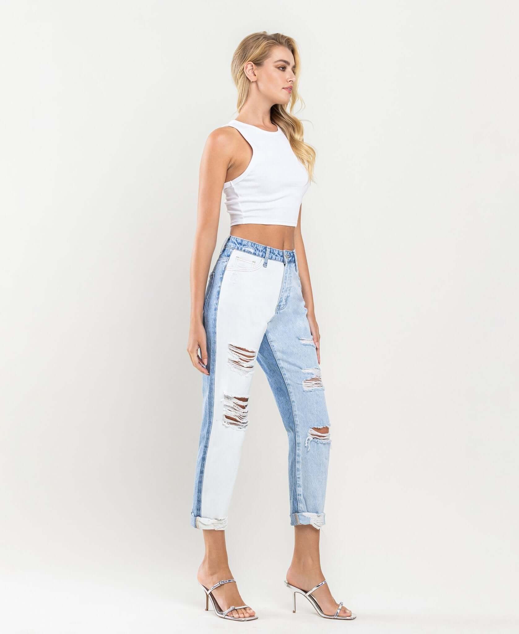 Emma Distressed Color Block Mom Jeans - Lavender Hills BeautyVervet by Flying MonkeyV2794-25