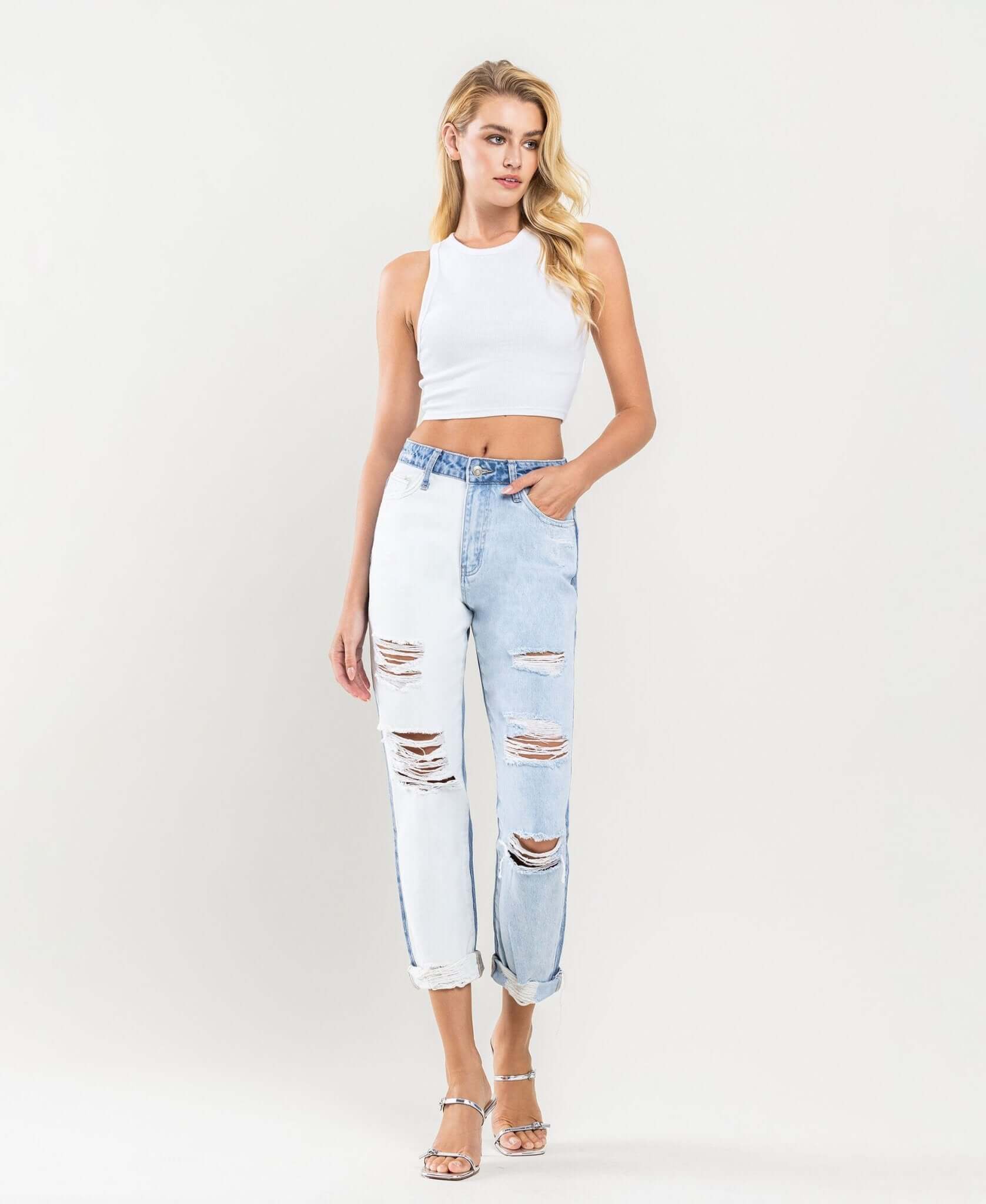 Emma Distressed Color Block Mom Jeans - Lavender Hills BeautyVervet by Flying MonkeyV2794-25