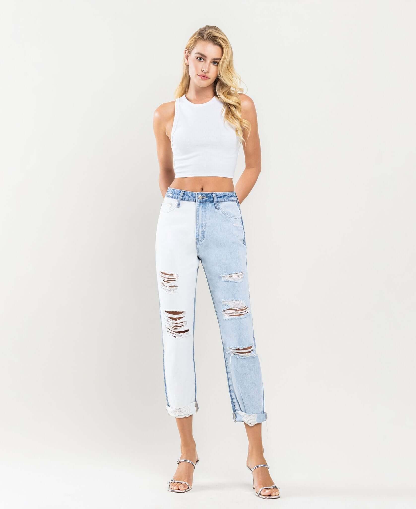 Emma Distressed Color Block Mom Jeans - Lavender Hills BeautyVervet by Flying MonkeyV2794-25