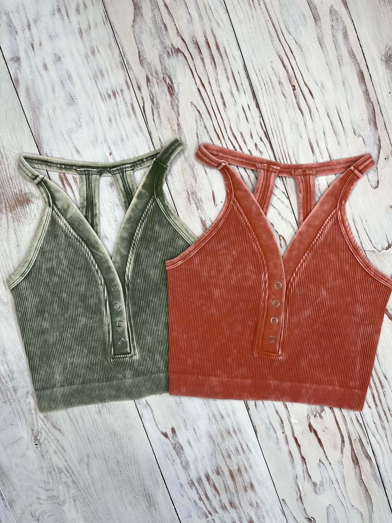 Vixen V-Neck Snap Brami Cropped Tank Top - Olive - Lavender Hills BeautyZenana