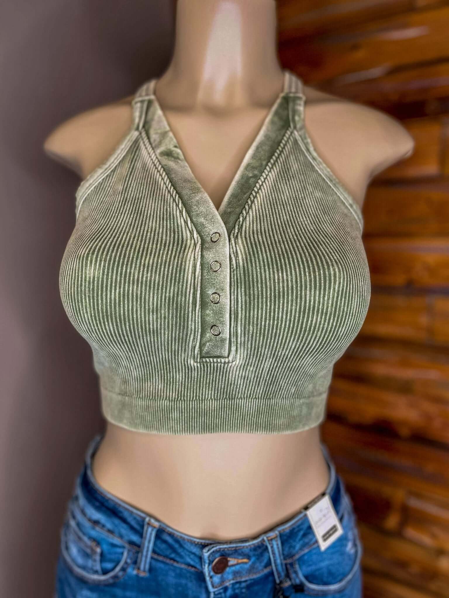 Vixen V-Neck Snap Brami Cropped Tank Top - Olive - Lavender Hills BeautyZenana