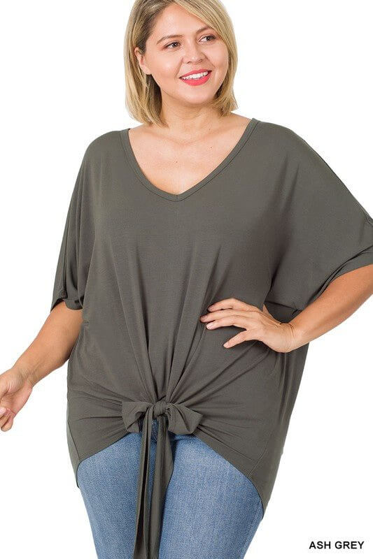 V-Neck Front Tie Top - Ash Grey, Dark Burgundy - Lavender Hills BeautyZenana