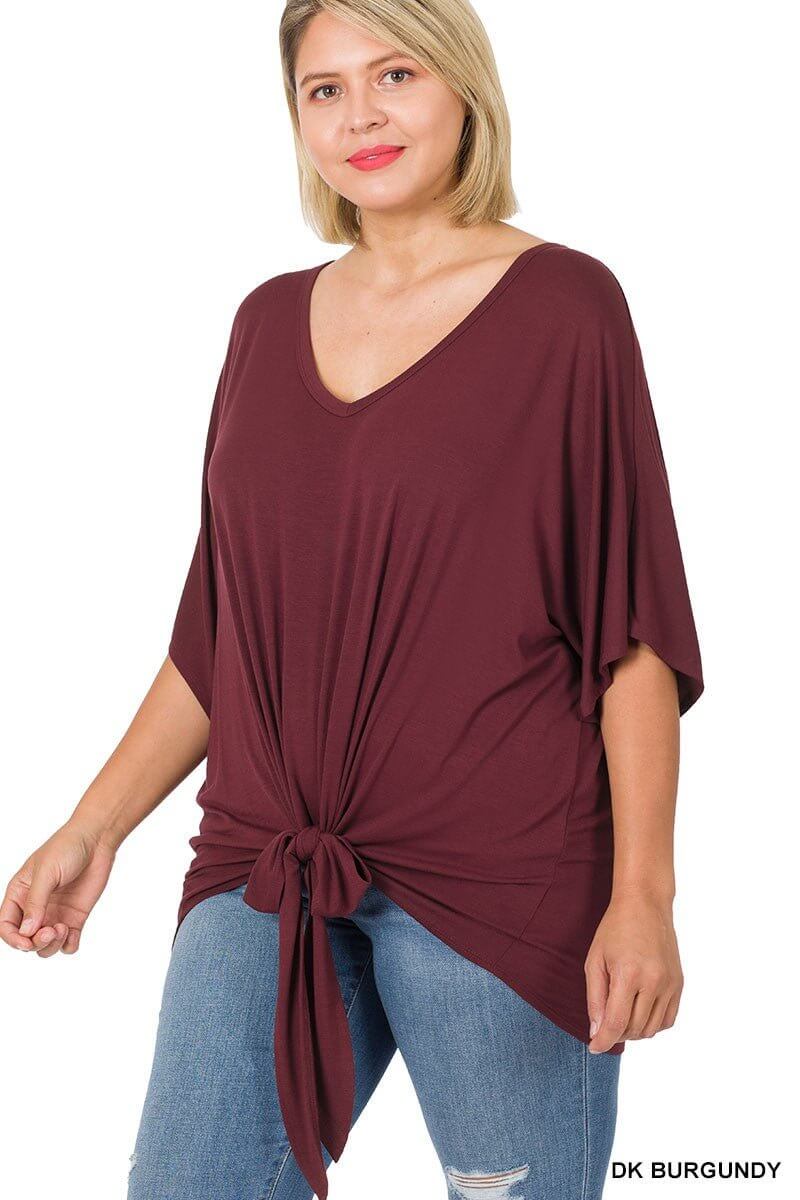 V-Neck Front Tie Top - Ash Grey, Dark Burgundy - Lavender Hills BeautyZenana