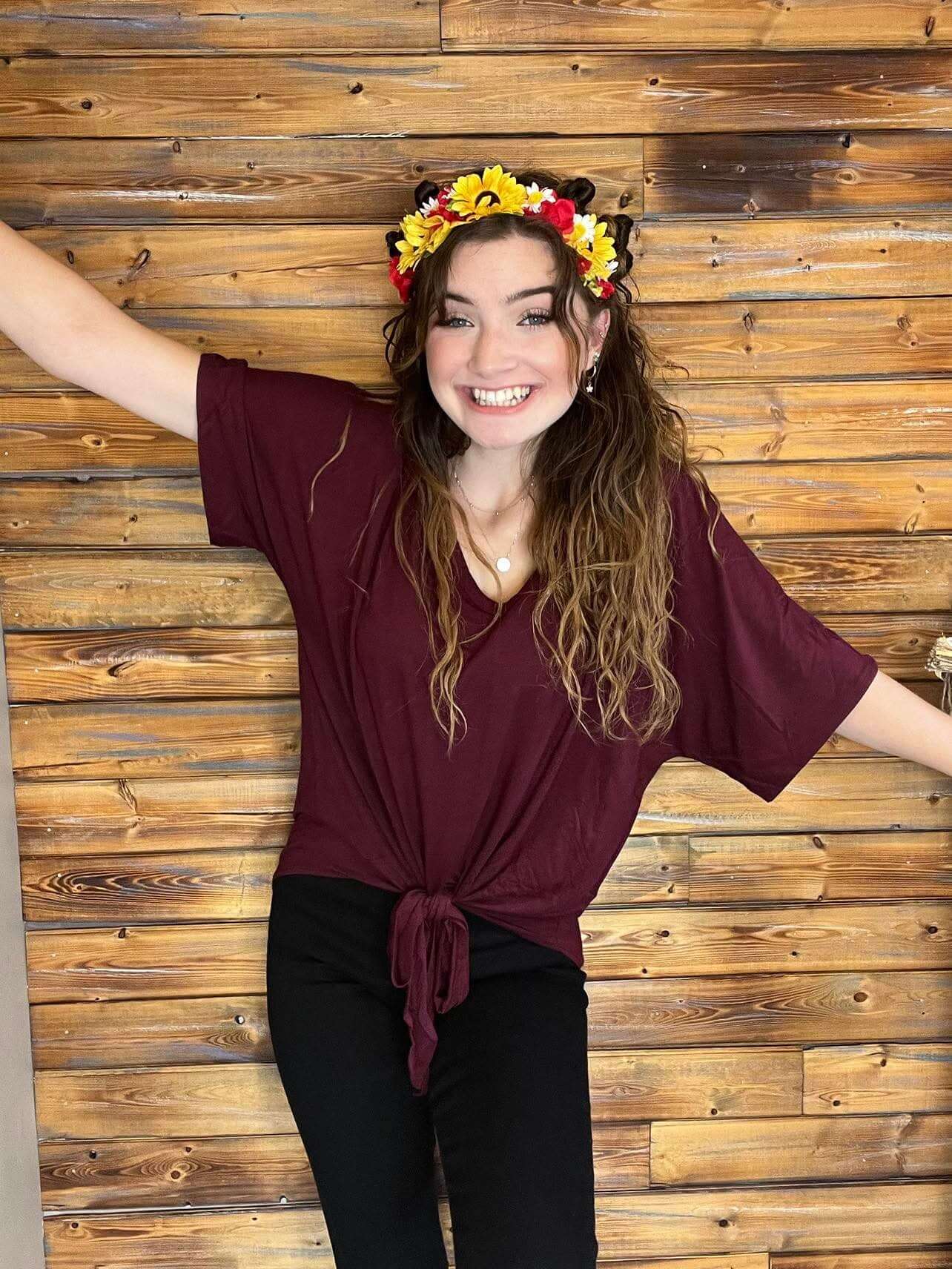 V-Neck Front Tie Top - Ash Grey, Dark Burgundy - Lavender Hills BeautyZenana