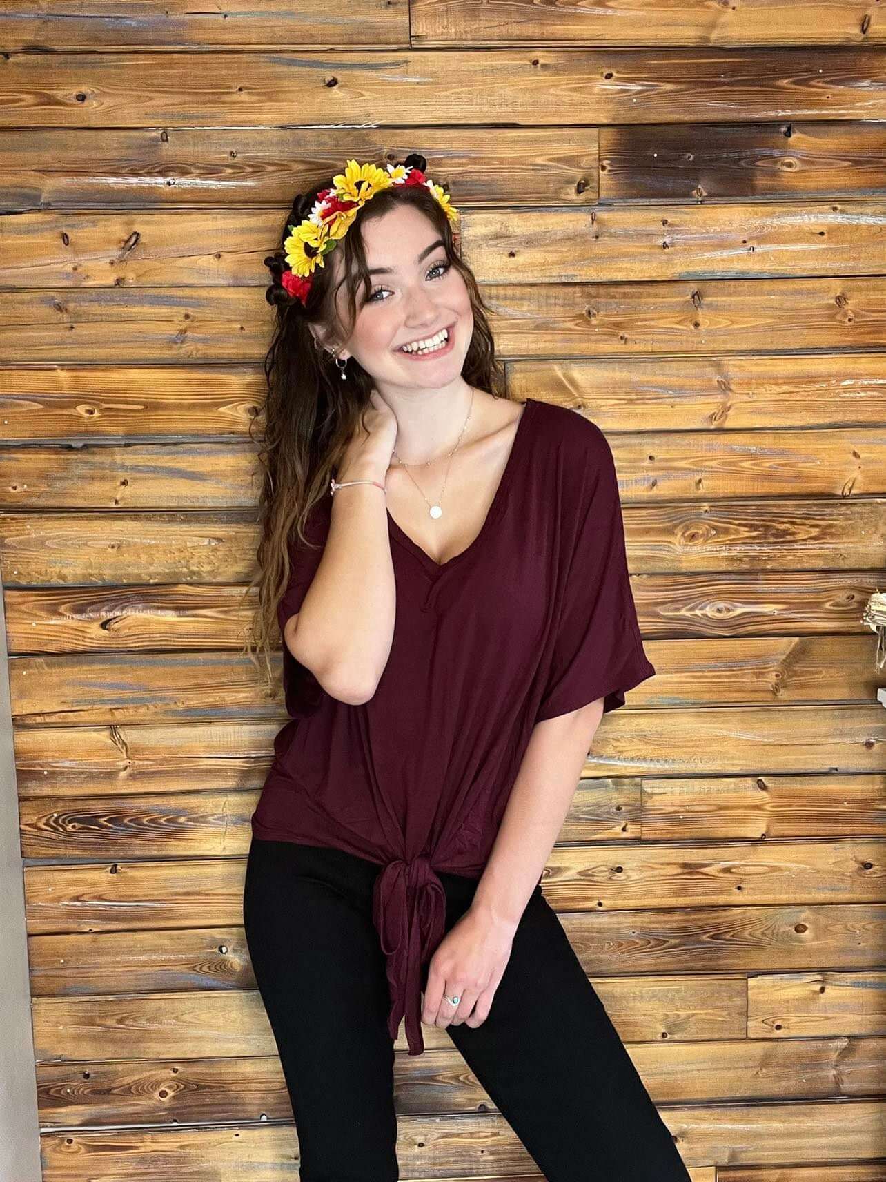 V-Neck Front Tie Top - Ash Grey, Dark Burgundy - Lavender Hills BeautyZenana