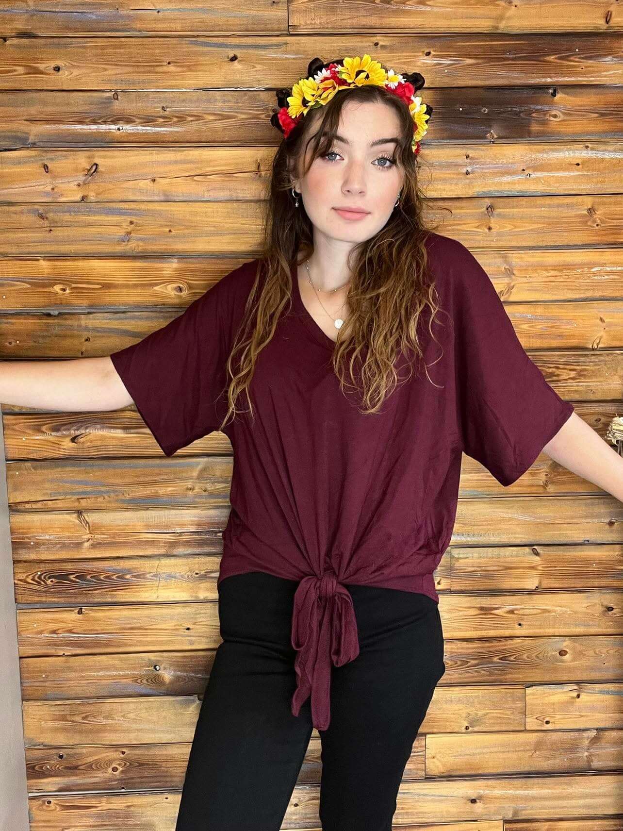 V-Neck Front Tie Top - Ash Grey, Dark Burgundy - Lavender Hills BeautyZenana