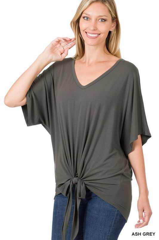V-Neck Front Tie Top - Ash Grey, Dark Burgundy - Lavender Hills BeautyZenana