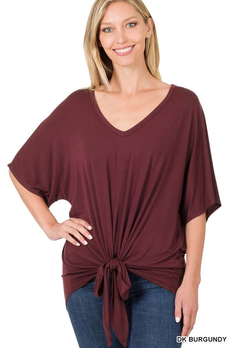V-Neck Front Tie Top - Ash Grey, Dark Burgundy - Lavender Hills BeautyZenana