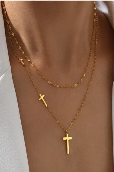 Gold Cross Layered Necklace - 18K Stainless Steel Tarnish Free - Lavender Hills BeautyJosslyn by Wall to Wall40NK361