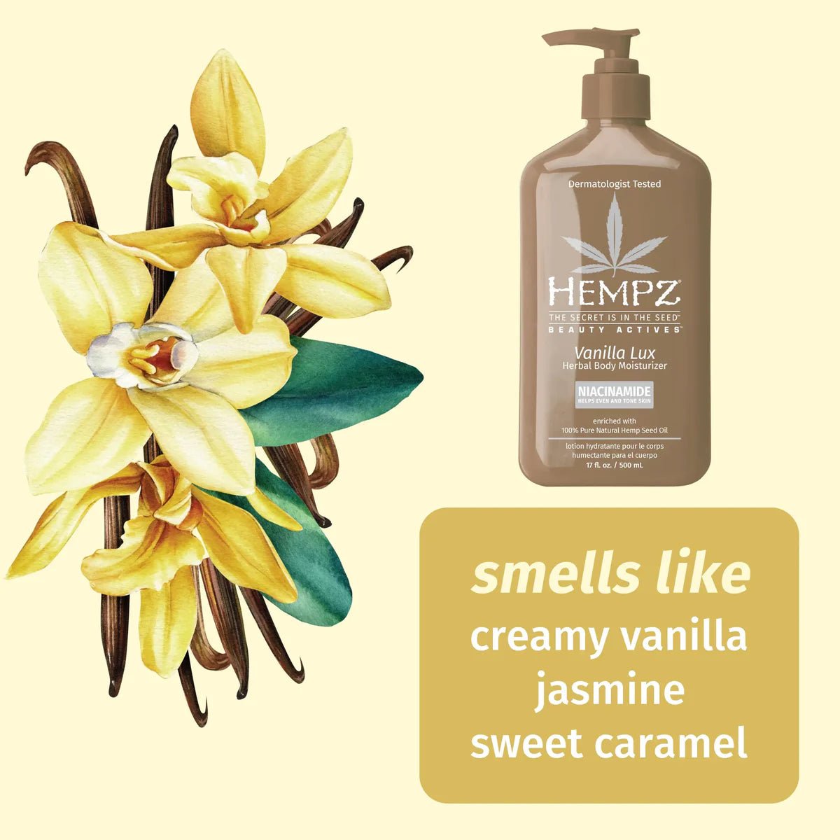 Vanilla Lux Herbal Body Moisturizer with Niacinamide - Lavender Hills BeautyHempz