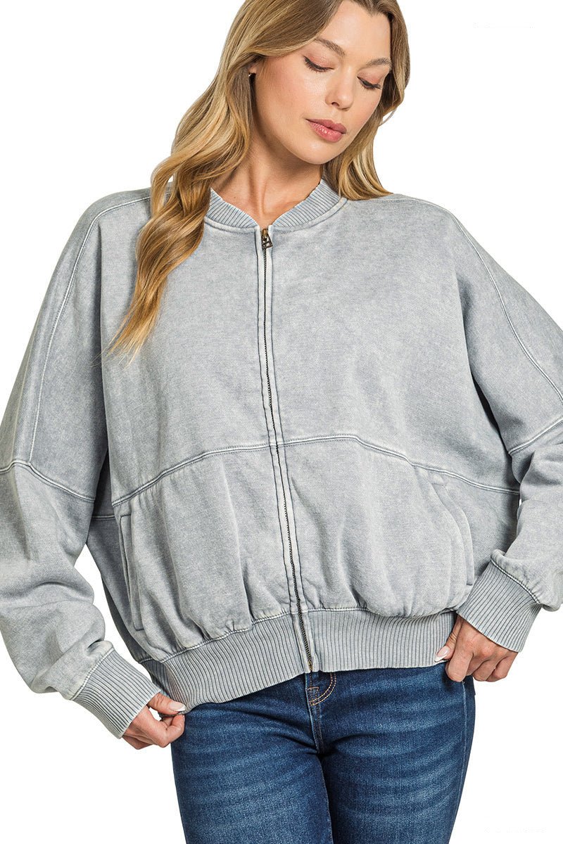 Acid Washed Bomber Jacket - Grey - Lavender Hills BeautyZenanaOJW - 4393Y - SLT - S