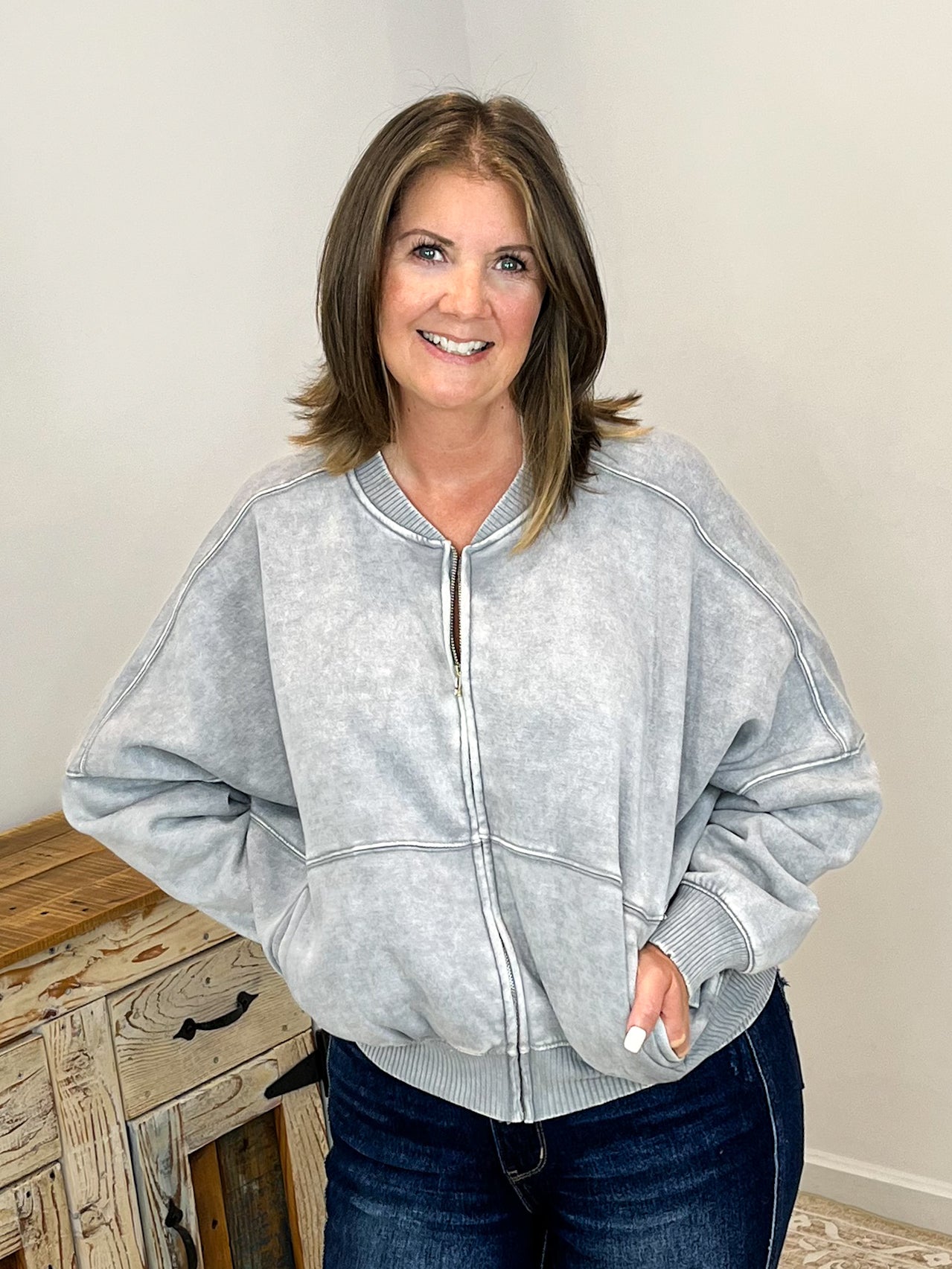 Acid Washed Bomber Jacket - Grey - Lavender Hills BeautyZenanaOJW - 4393Y - SLT - S
