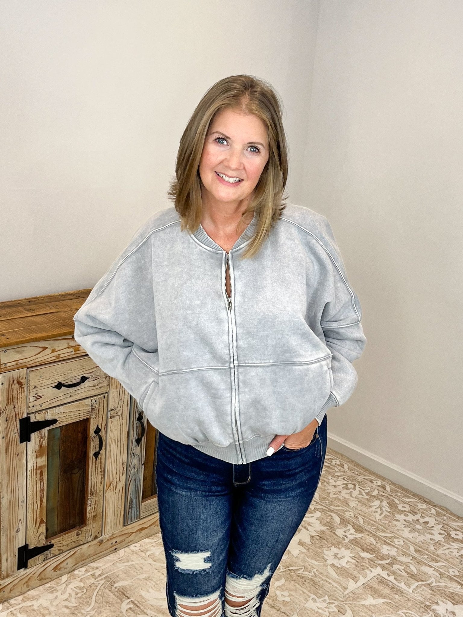 Acid Washed Bomber Jacket - Grey - Lavender Hills BeautyZenanaOJW - 4393Y - SLT - S