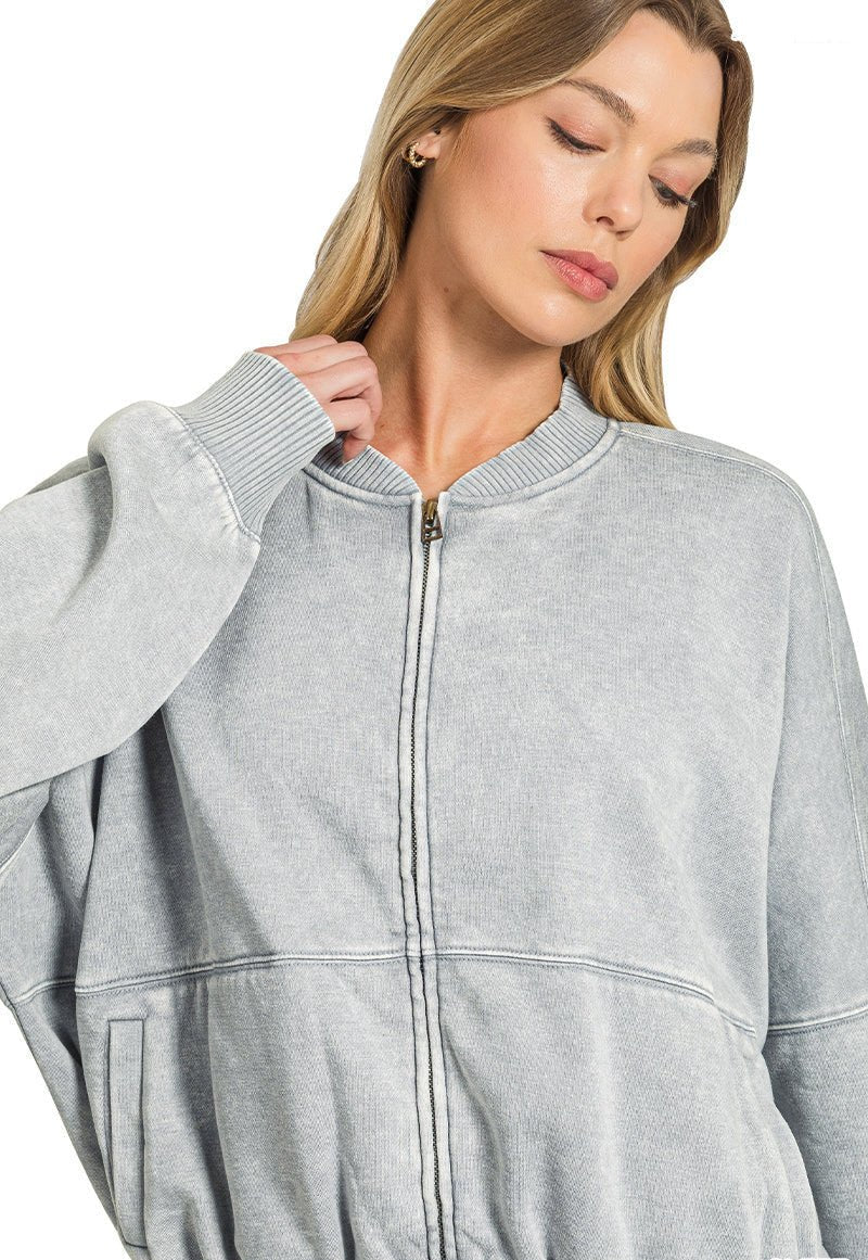 Acid Washed Bomber Jacket - Grey - Lavender Hills BeautyZenanaOJW - 4393Y - SLT - S