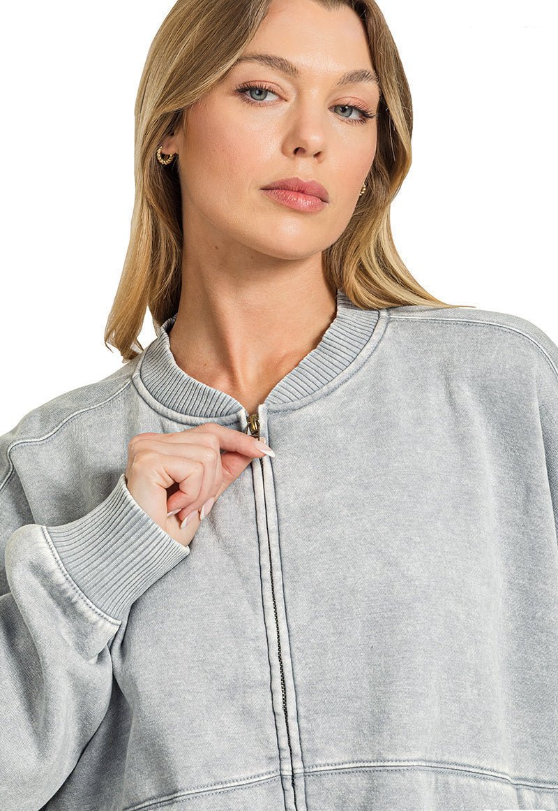 Acid Washed Bomber Jacket - Grey - Lavender Hills BeautyZenanaOJW - 4393Y - SLT - S