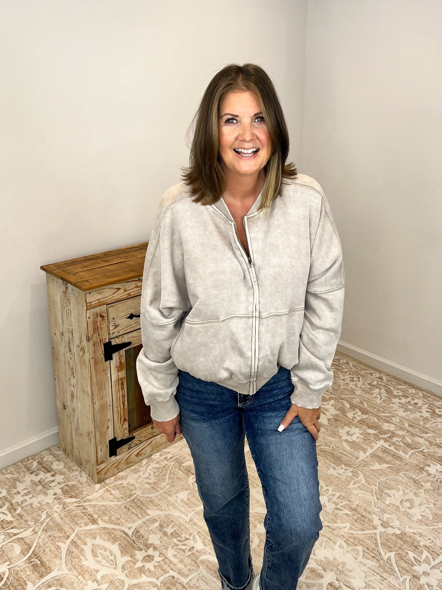 Acid Washed Bomber Jacket - Ash Mocha - Lavender Hills BeautyZenanaOJW - 4393Y - ASHMCA - S