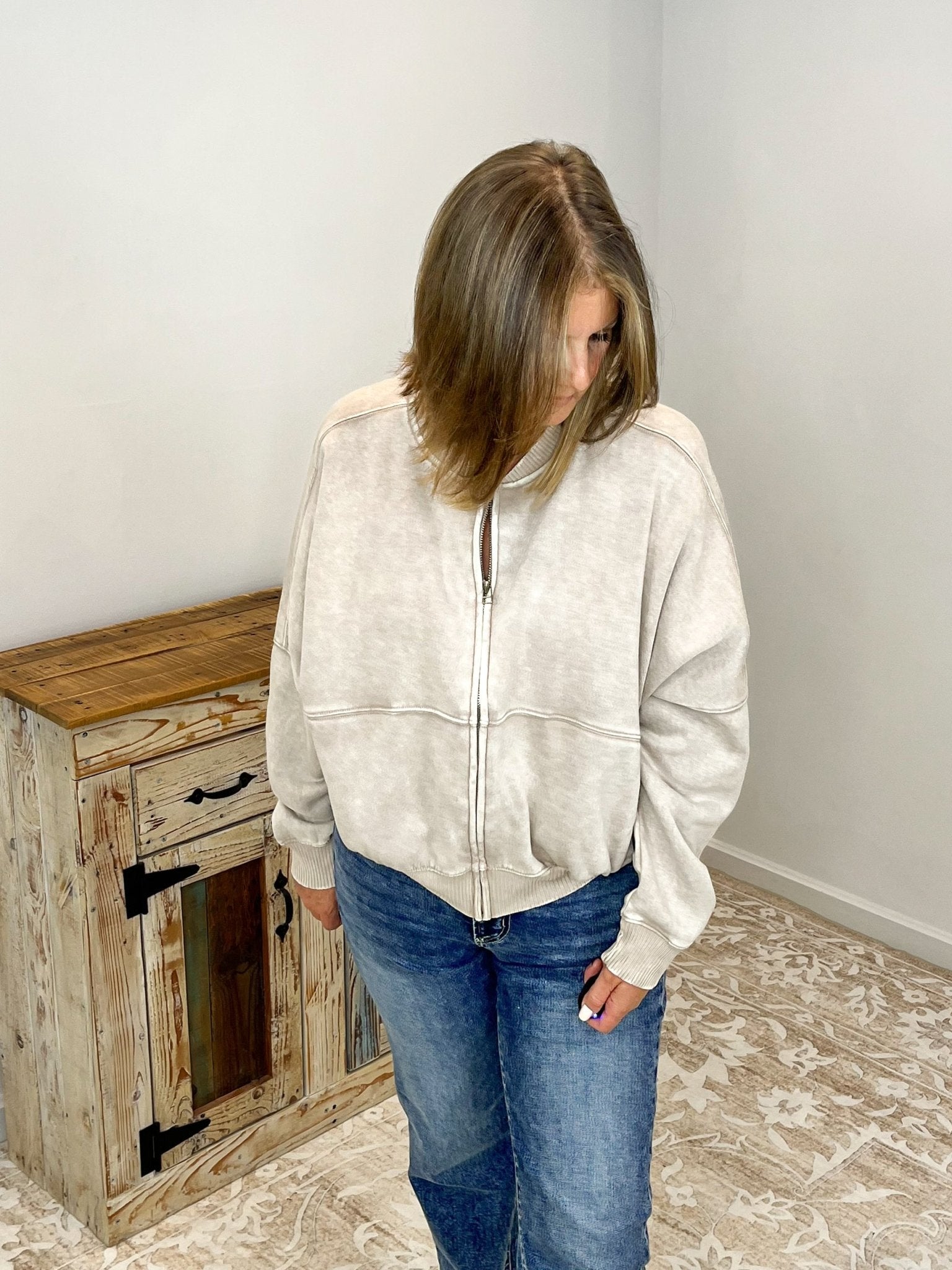 Acid Washed Bomber Jacket - Ash Mocha - Lavender Hills BeautyZenanaOJW - 4393Y - ASHMCA - S