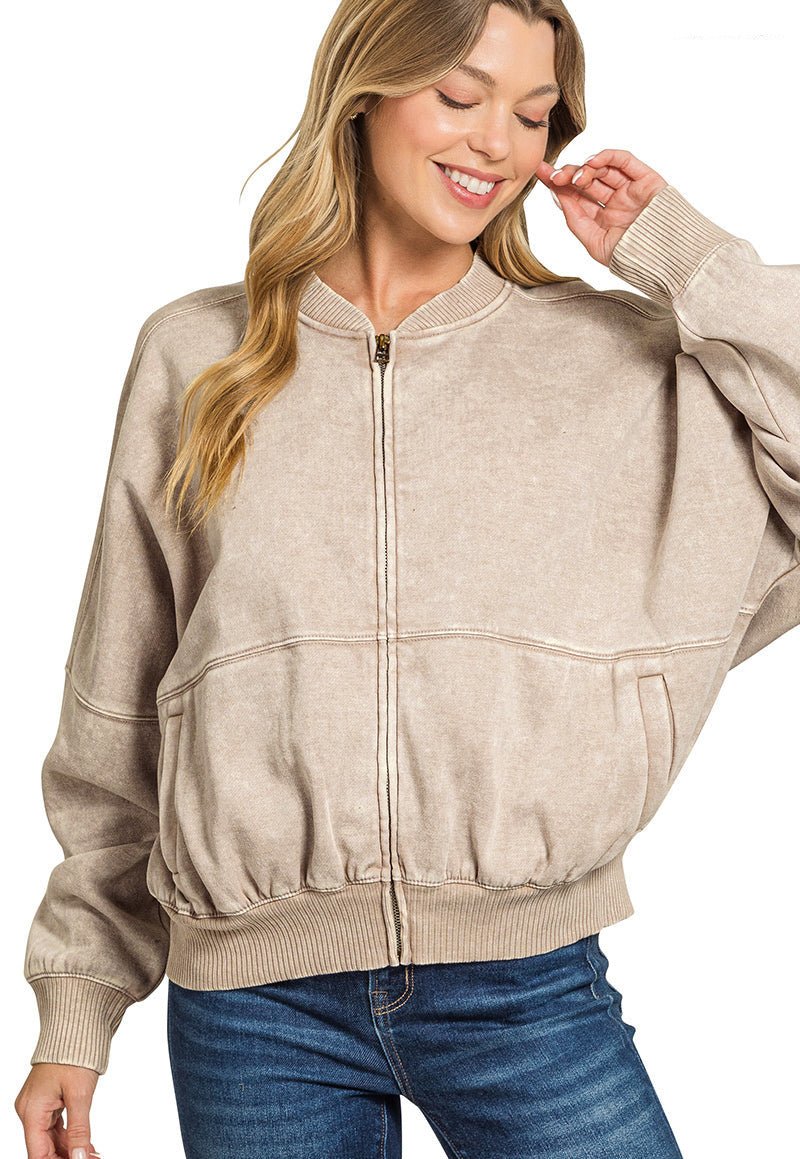 Acid Washed Bomber Jacket - Ash Mocha - Lavender Hills BeautyZenanaOJW - 4393Y - ASHMCA - S