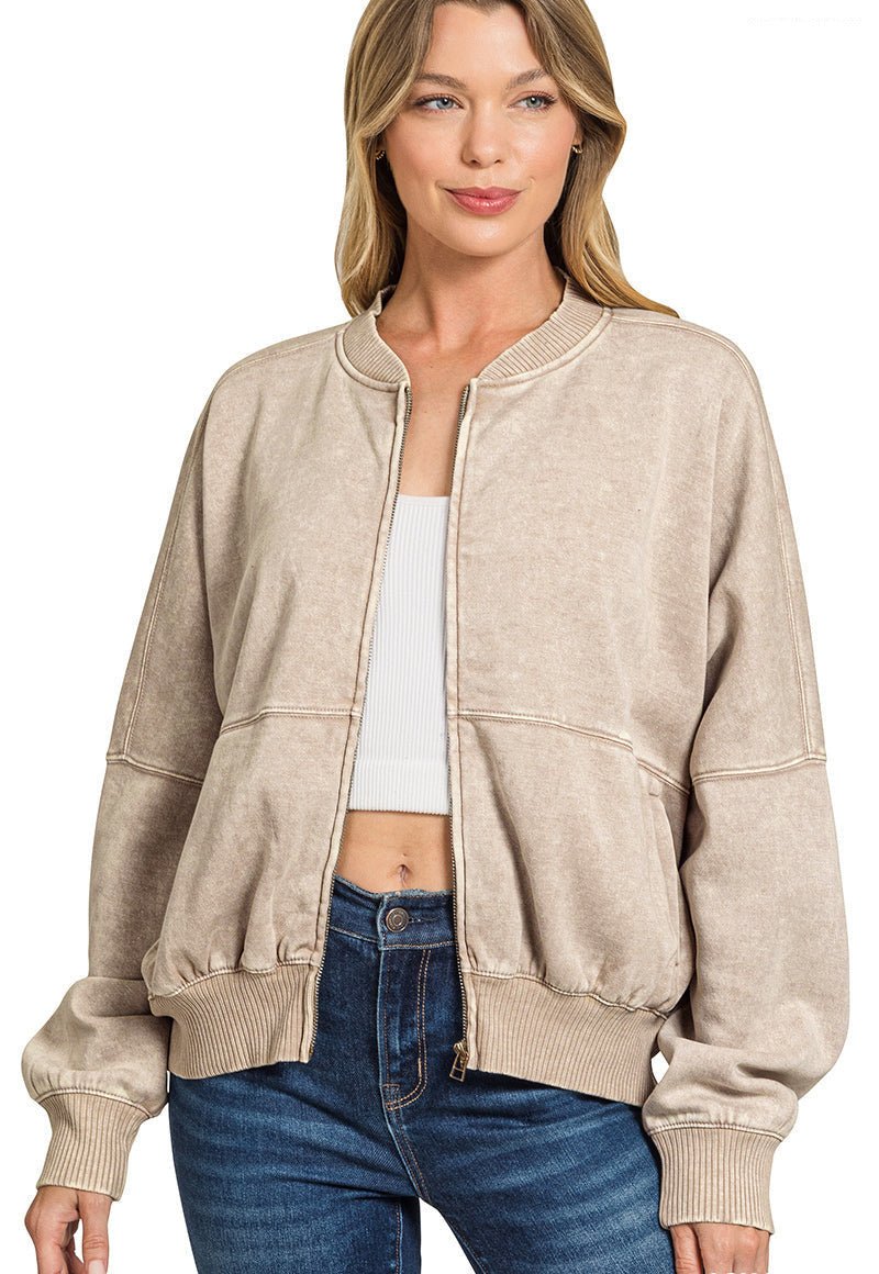 Acid Washed Bomber Jacket - Ash Mocha - Lavender Hills BeautyZenanaOJW - 4393Y - ASHMCA - S