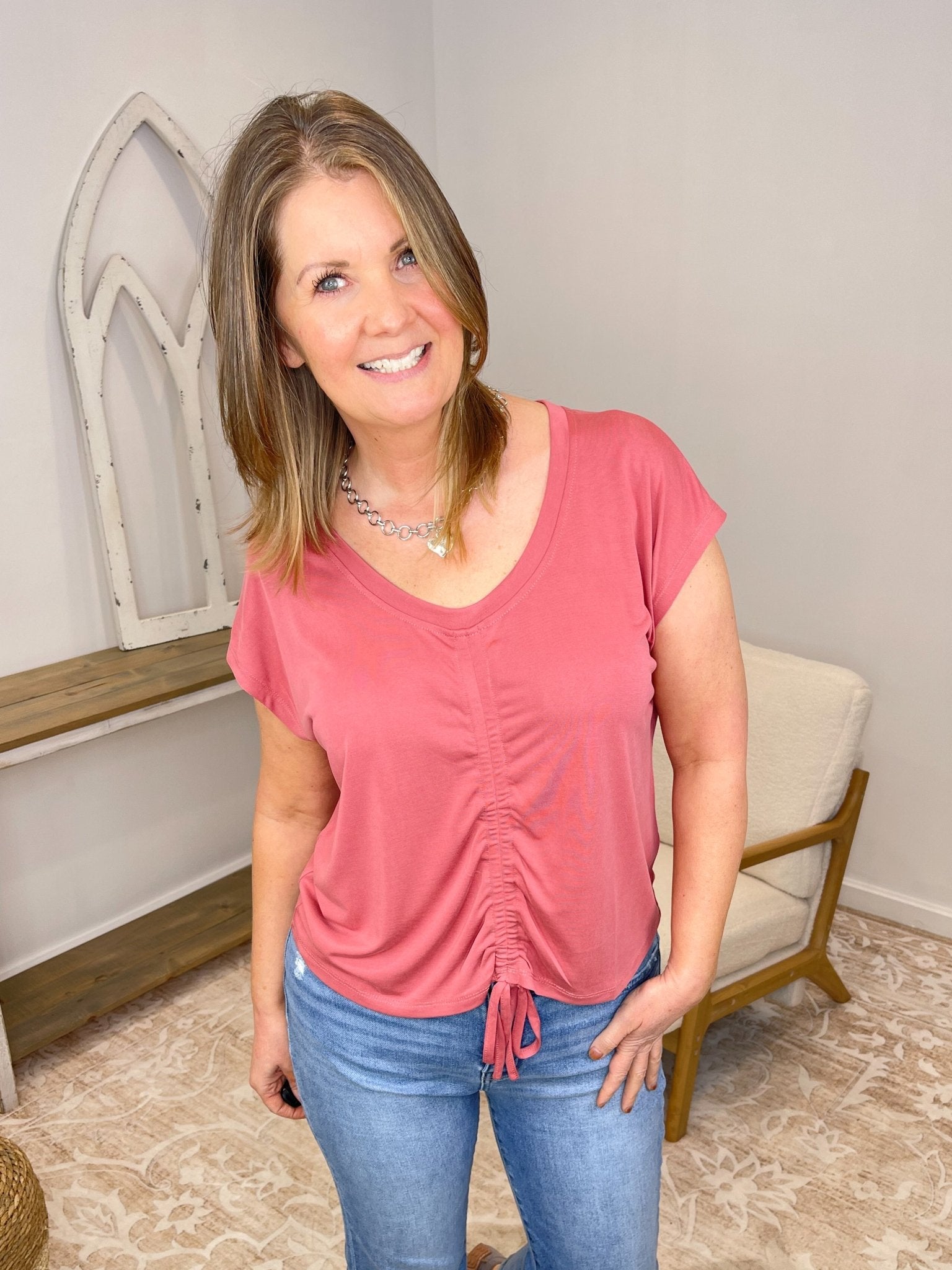 Adjustable Ruched Modal Top | Soft Cap Sleeve Drawstring Tee - Lavender Hills BeautyMystree20020-TEL-S