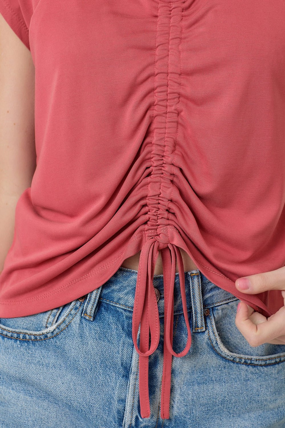 Adjustable Ruched Modal Top | Soft Cap Sleeve Drawstring Tee - Lavender Hills BeautyMystree20020-RED-S