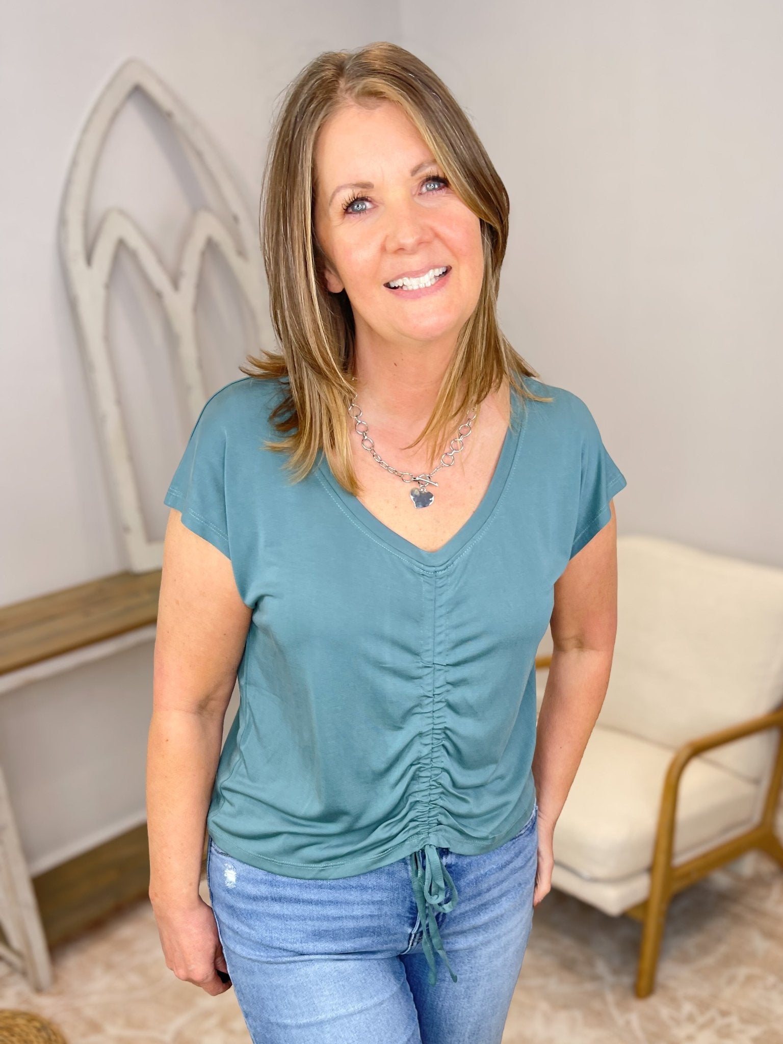 Adjustable Ruched Modal Top | Soft Cap Sleeve Drawstring Tee - Lavender Hills BeautyMystree20020-TEL-S