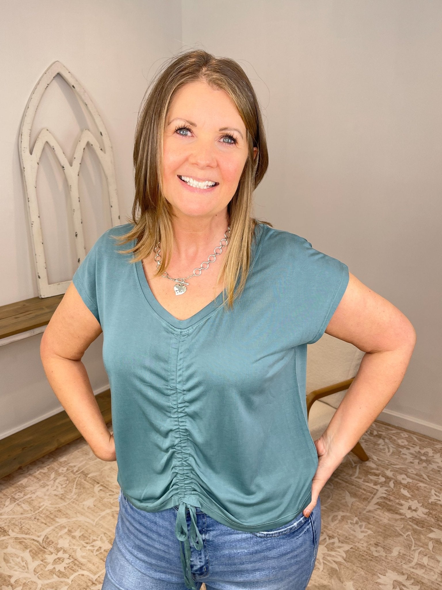 Adjustable Ruched Modal Top | Soft Cap Sleeve Drawstring Tee - Lavender Hills BeautyMystree20020-TEL-S