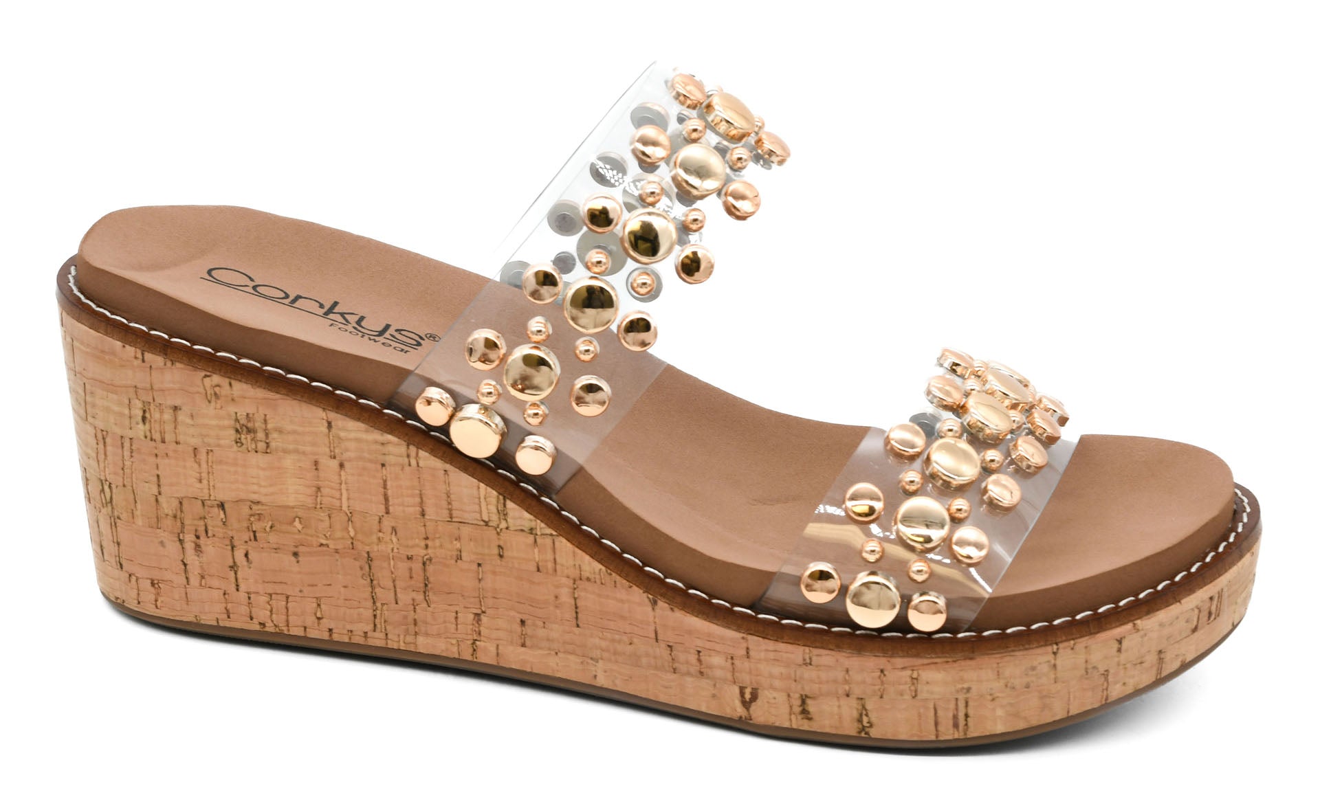 Corky's Footwear Bad Habit Gold Studded Clear Strap Wedge Sandal - Lavender Hills BeautyCorkys Footwear10 - 0169 - CLER - R - 6