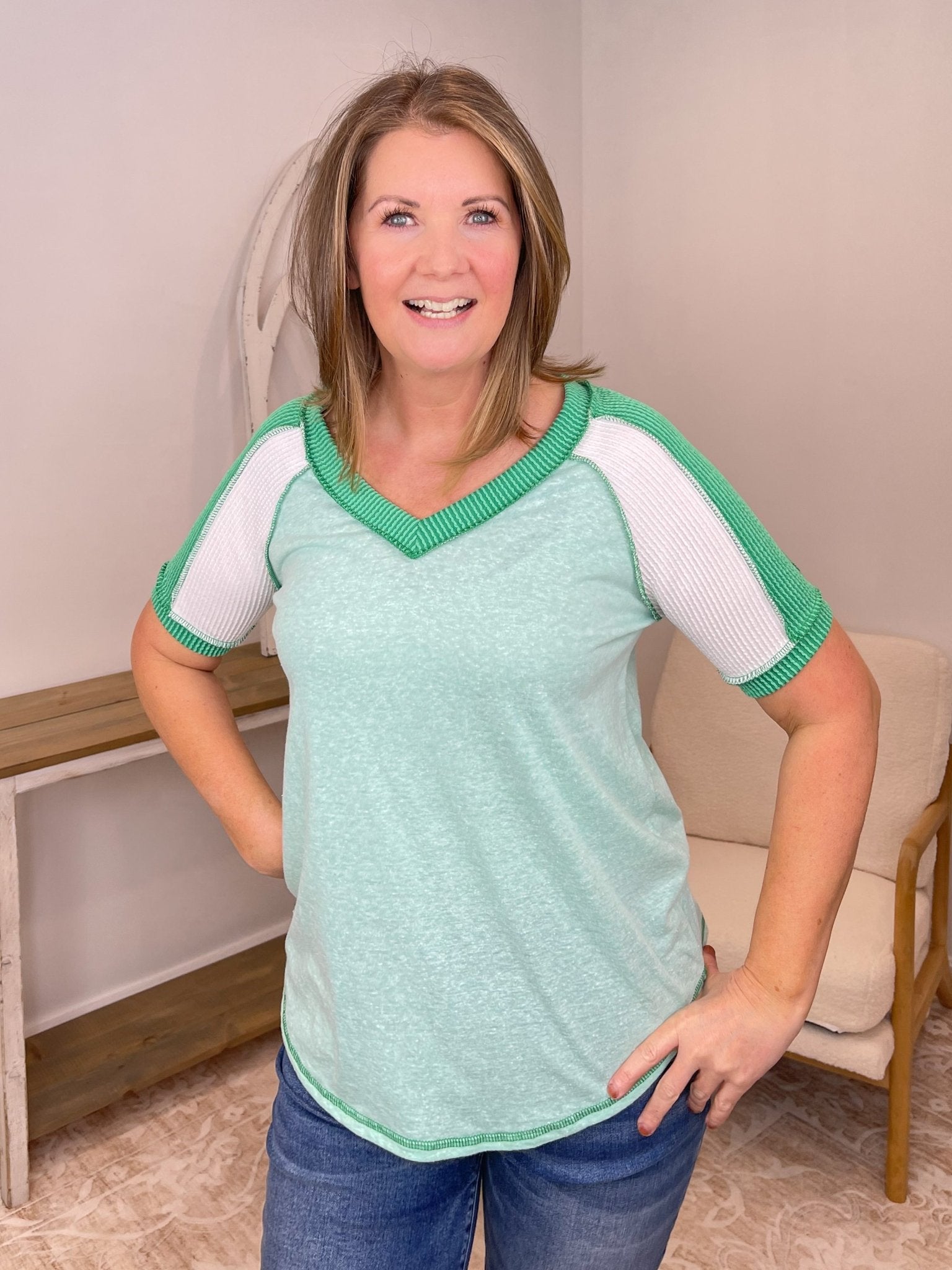 Bayside Colorblock V - neck Short Sleeve Top - Lavender Hills Beauty7th RayT5152MN-1