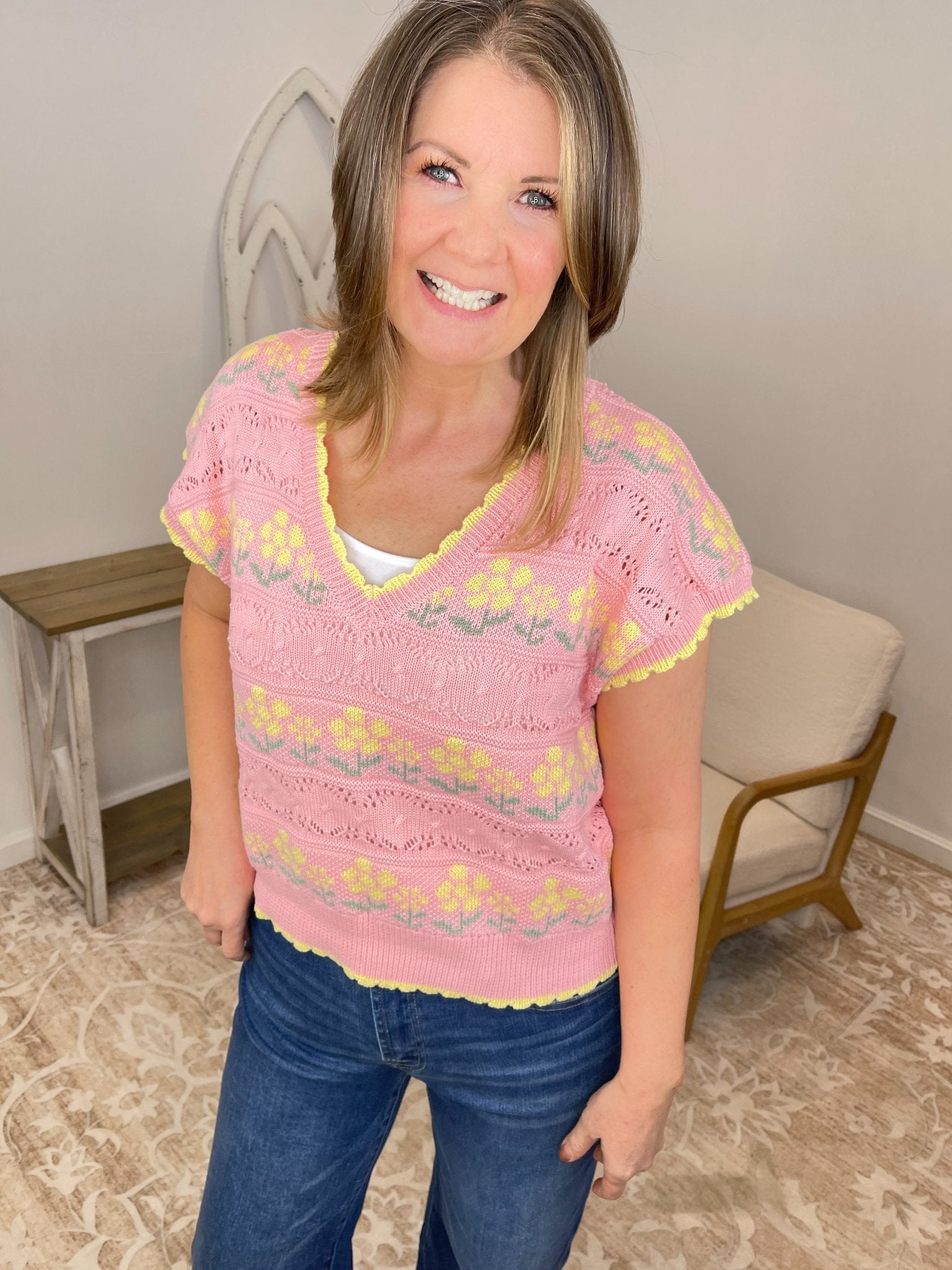 Blossom Pink Floral Scalloped Knit Sweater Vest Top - Lavender Hills BeautyVery J12W3335N-PINK-S
