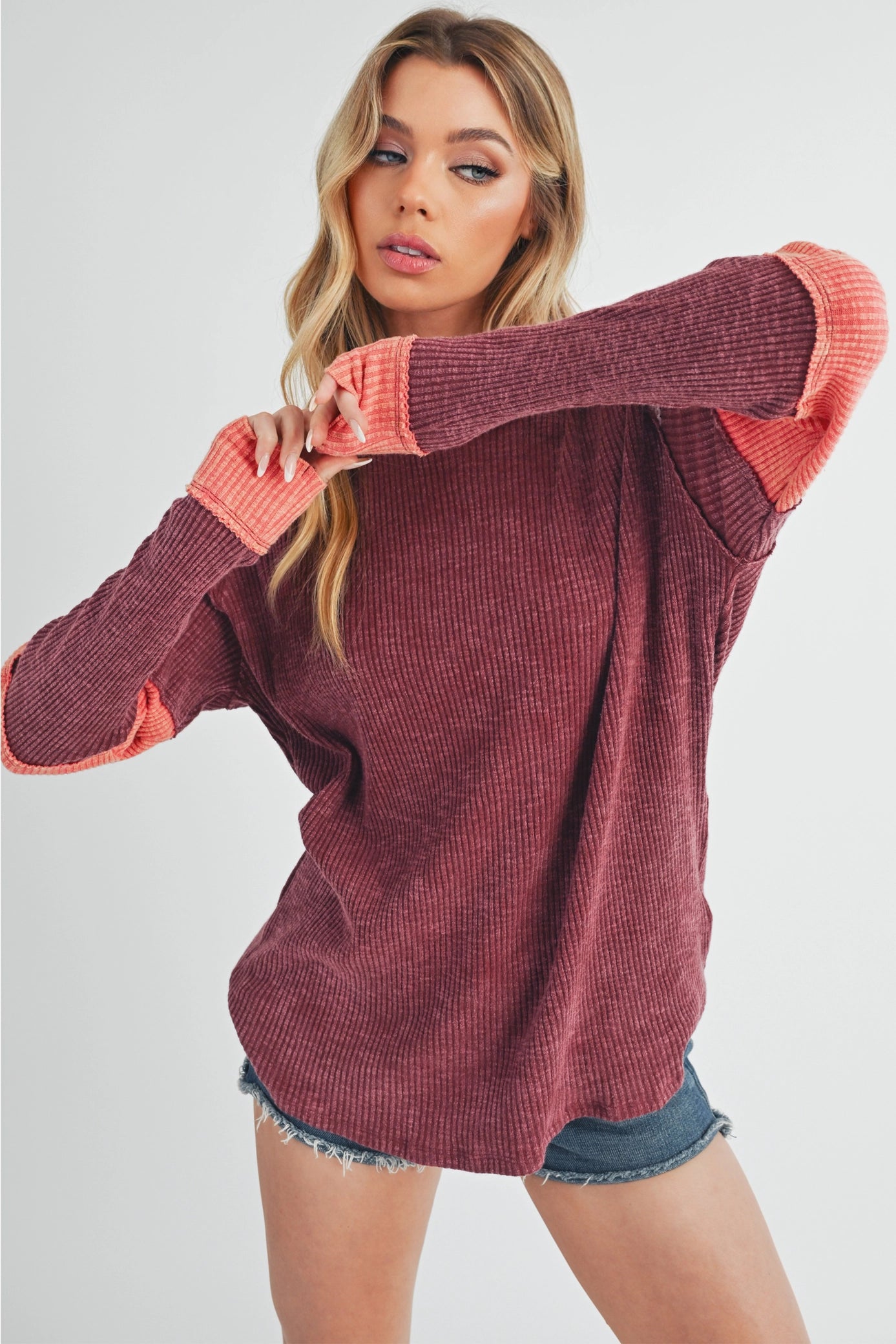 Blush &amp; Brick Colorblock Long Sleeve Pullover Top - Lavender Hills BeautyAMEI & CO8327EK - BUR - S