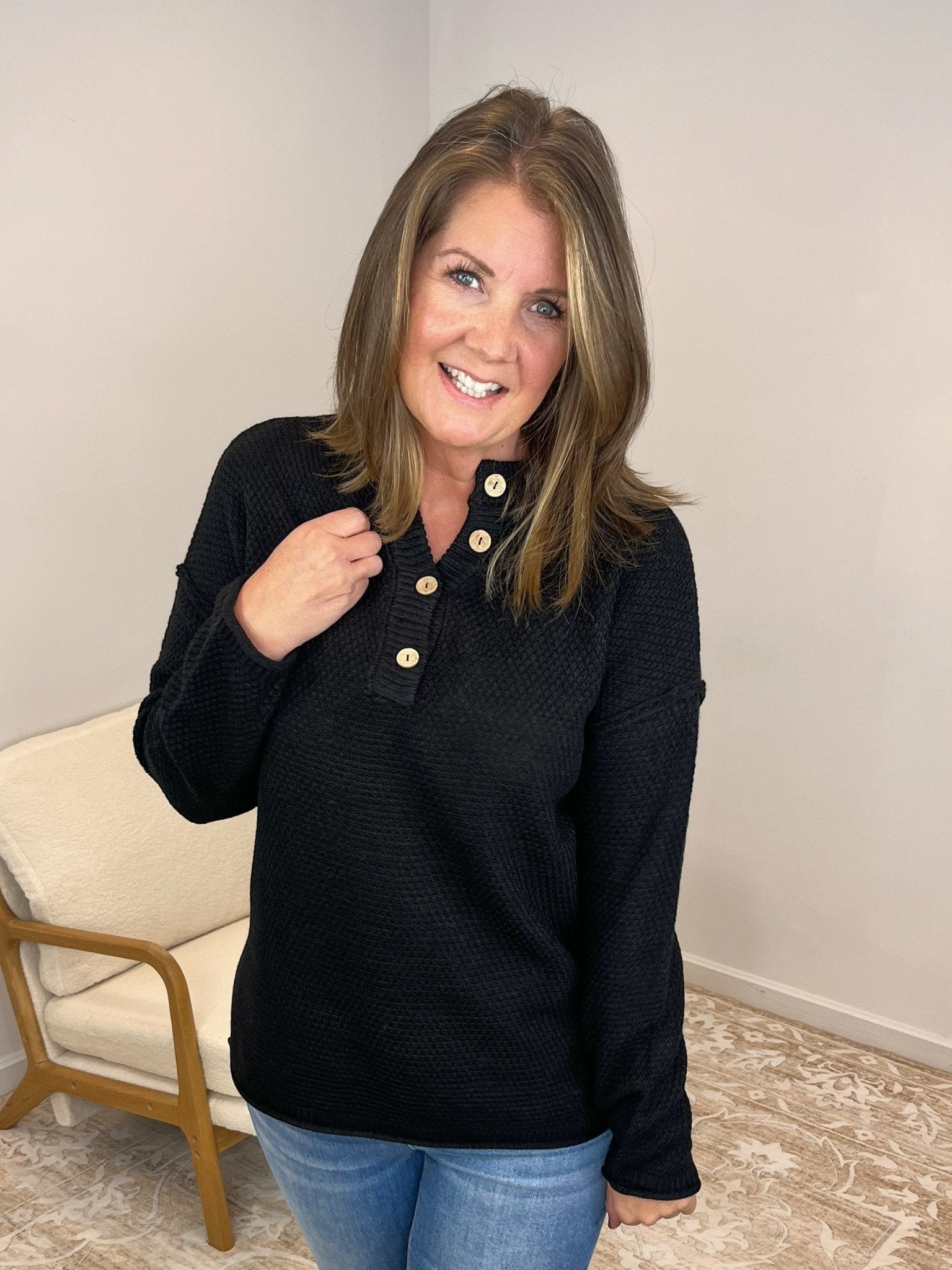 Button Henley Long Sleeve Sweater - Black - Lavender Hills BeautyZenanaTW - 2326A - BLK - SM