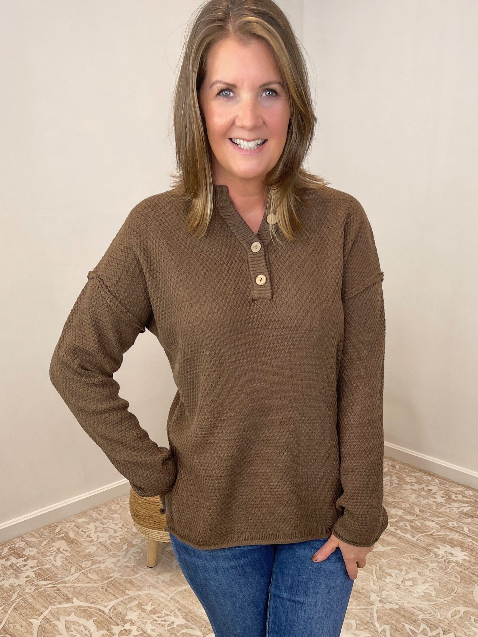 Button Henley Long Sleeve Sweater - Brown