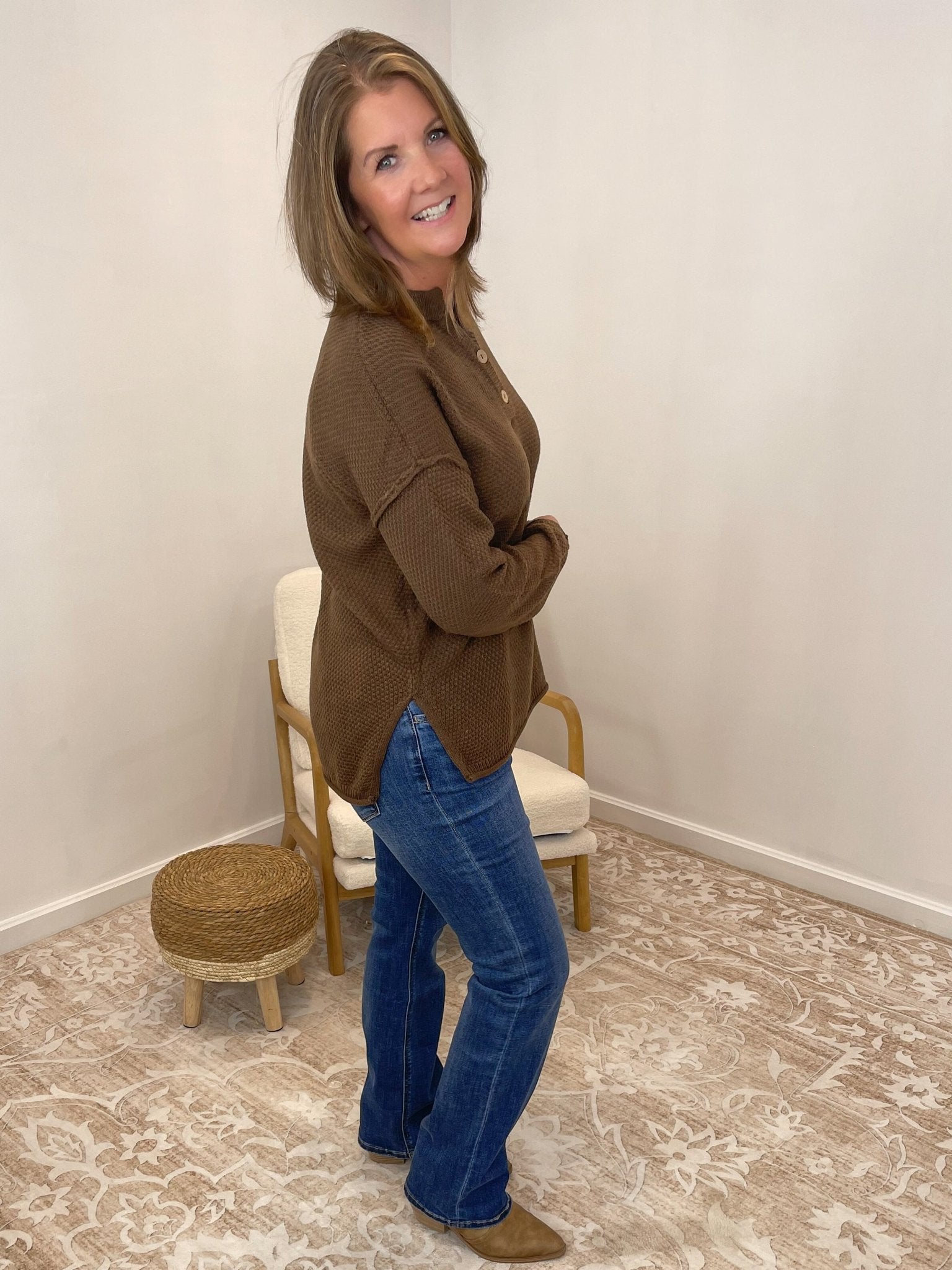 Button Henley Long Sleeve Sweater - Brown