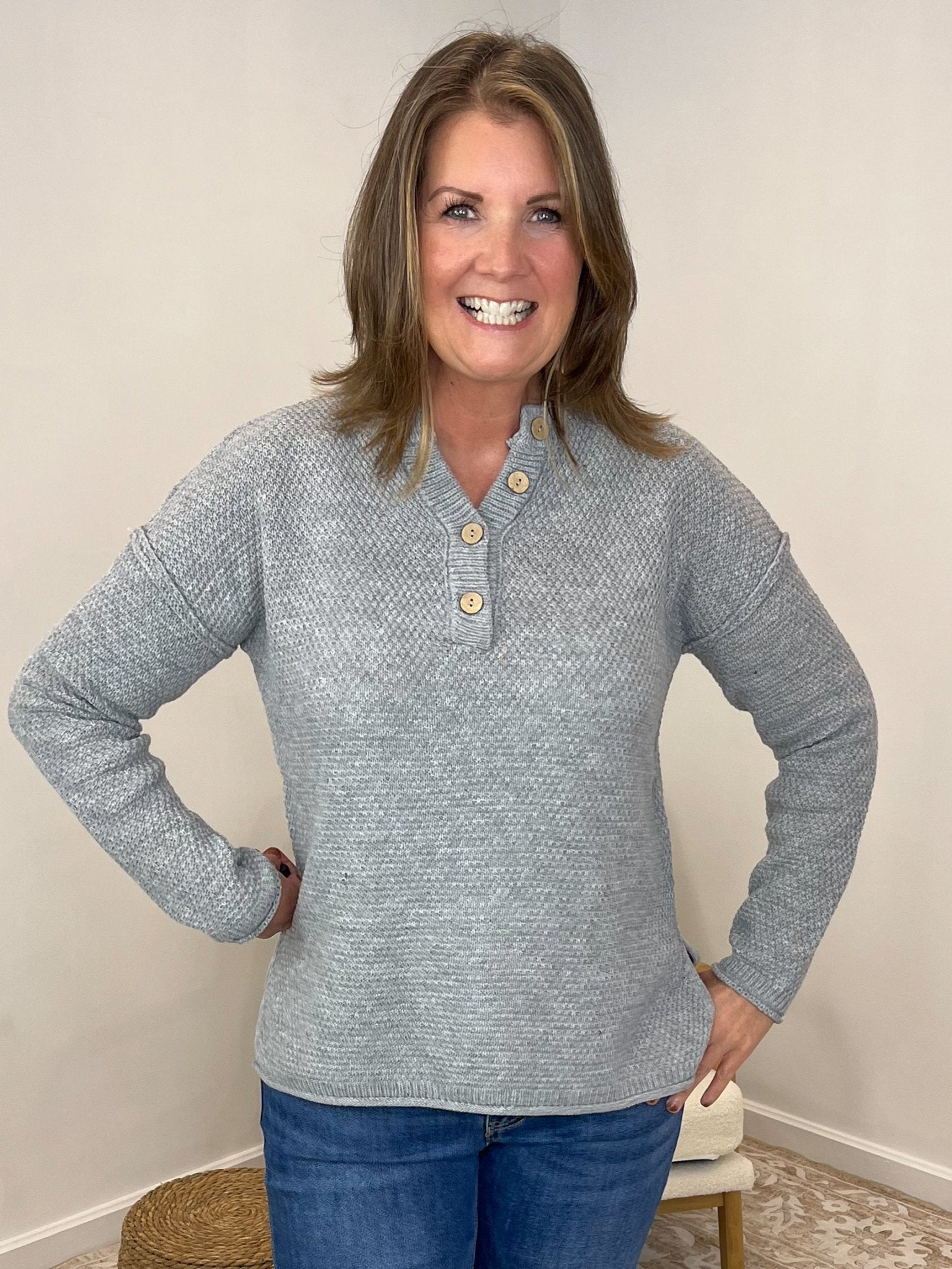 Button Henley Long Sleeve Sweater - Heather Grey