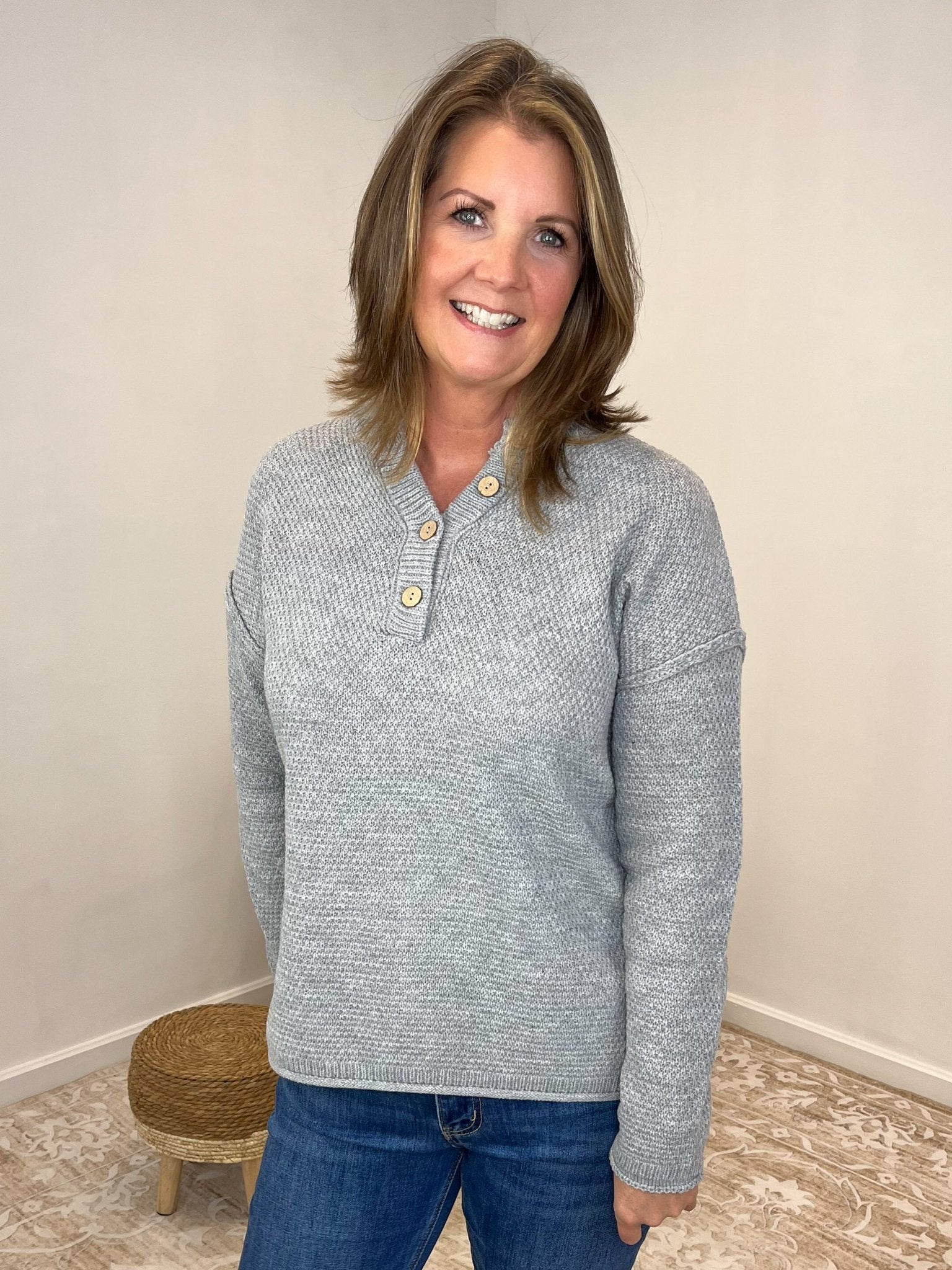 Button Henley Long Sleeve Sweater - Heather Grey
