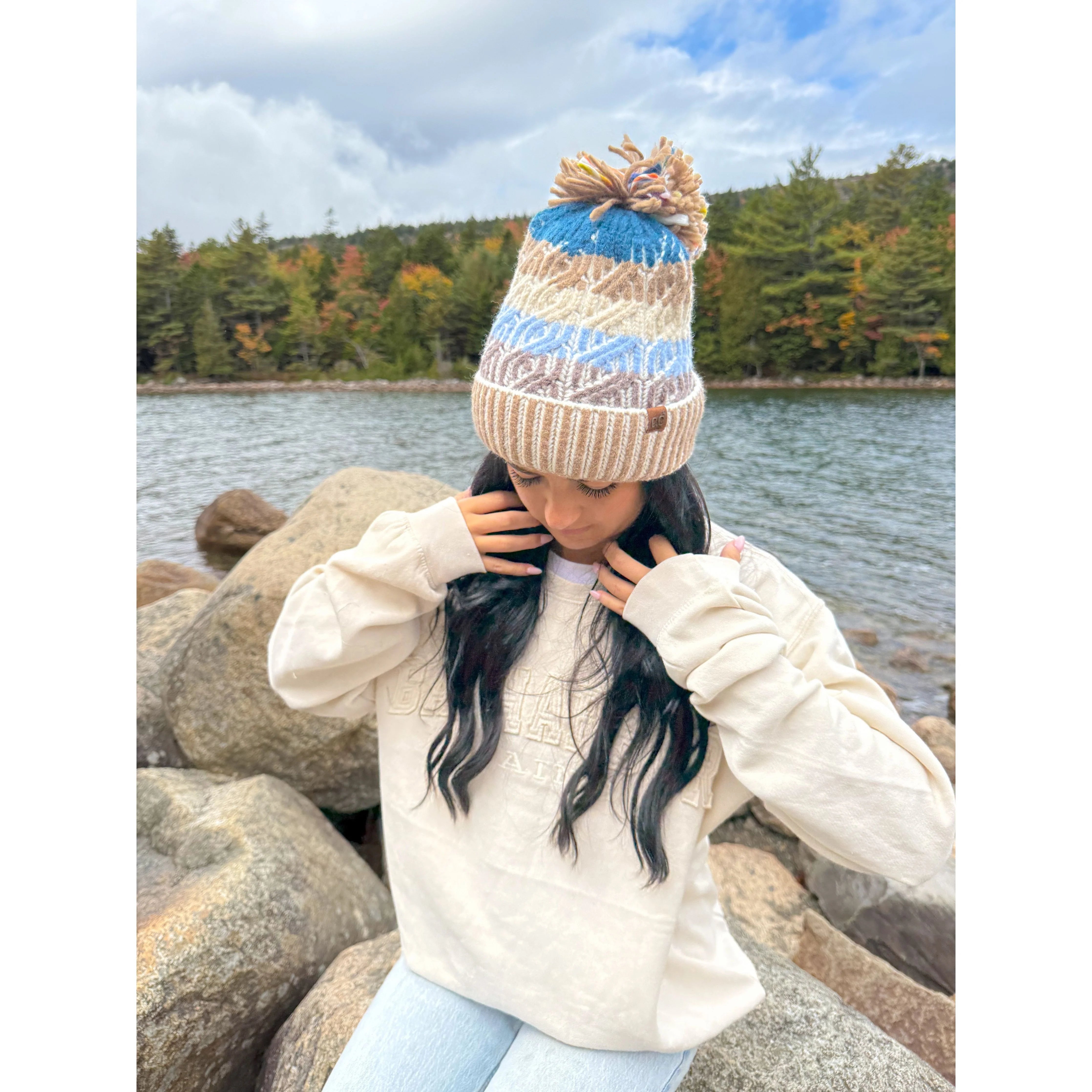 C.C Beanie Cable Color Block Pom - Taupe - Lavender Hills BeautyC.C BeanieHTC0088TPE
