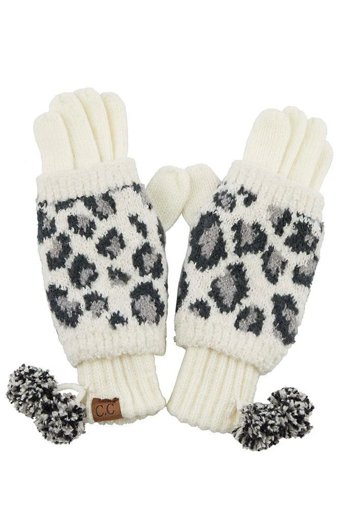 C.C Beanie Leopard Print Cuffed Cc Women's Gloves with Pom
