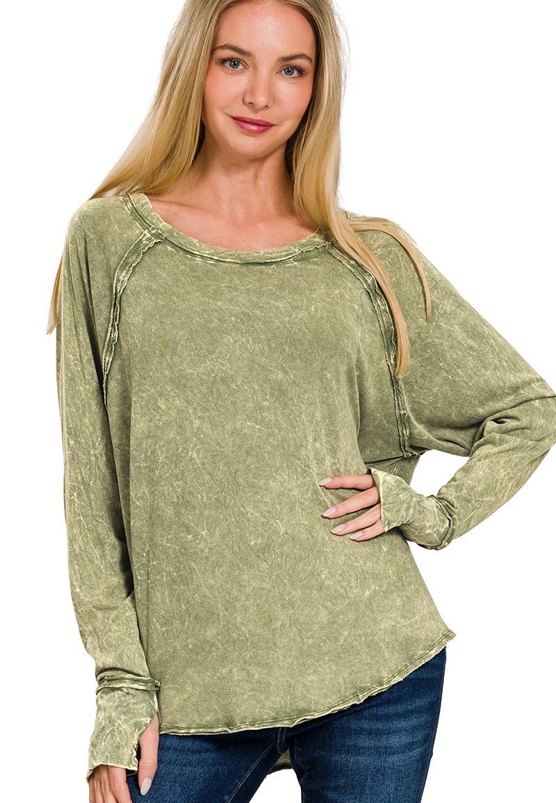 Crinkle Wash Long Sleeve Top Shirt - Lavender Hills BeautyZenanaCTW - 3333Y - OLV - S