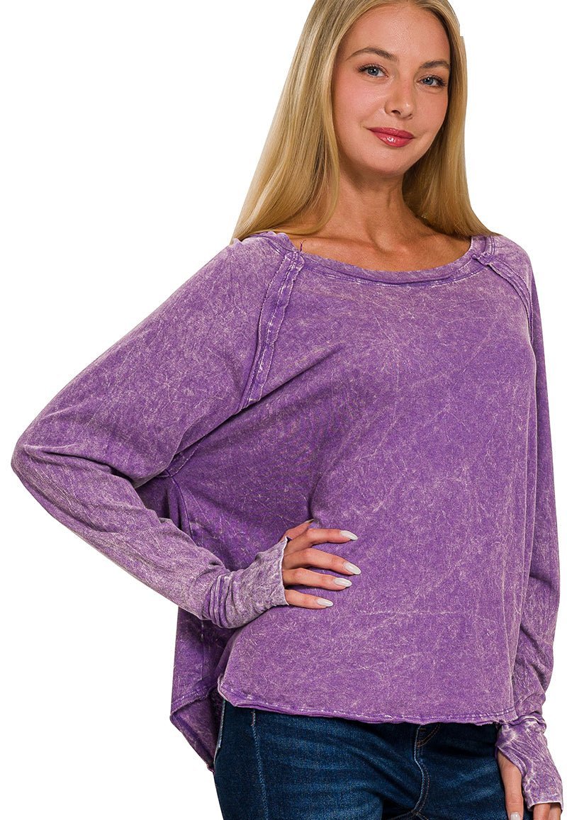 Crinkle Wash Long Sleeve Top Shirt - Lavender Hills BeautyZenanaCTW - 3333Y - GRP - S