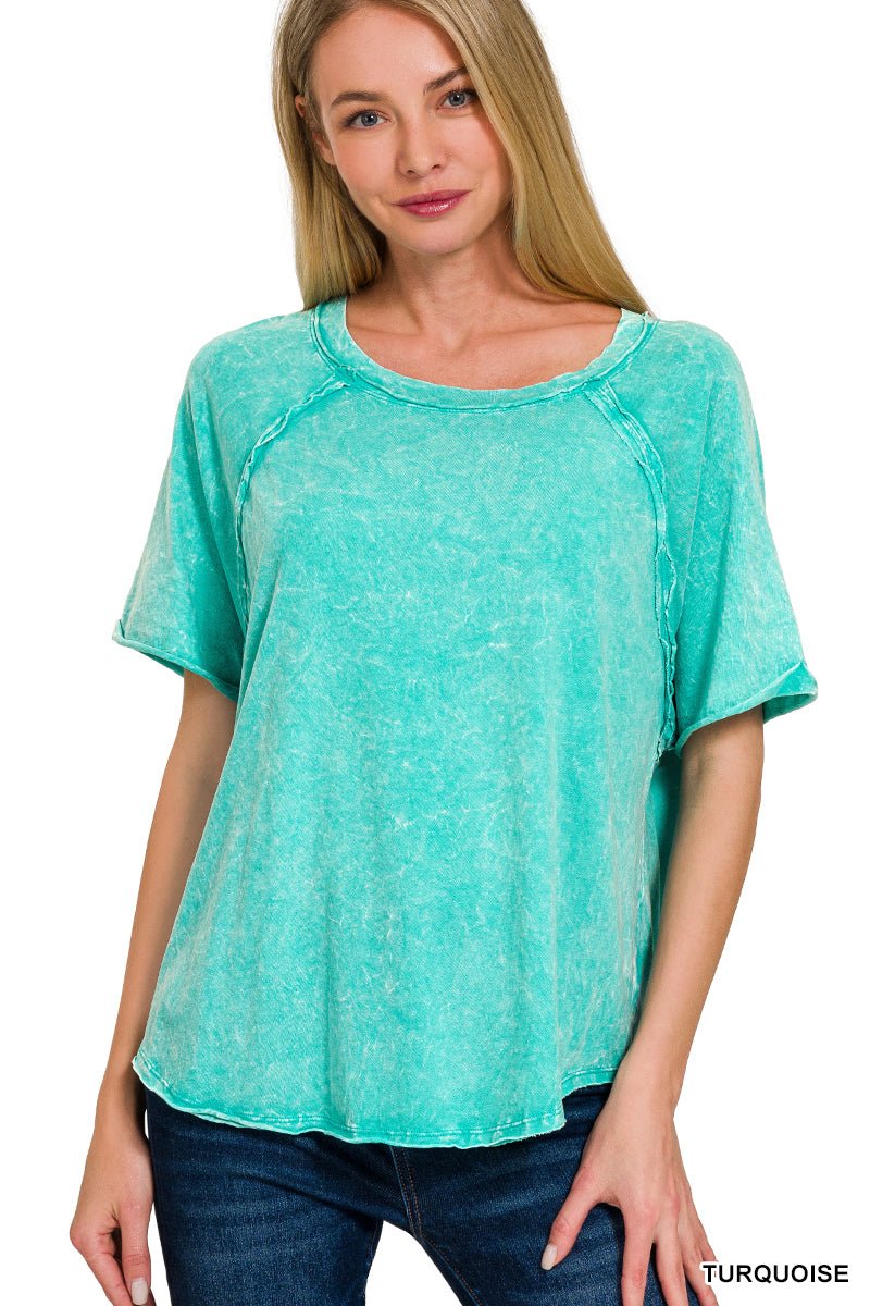 Crinkle Wash Short Sleeve Raglan Shirt - Lavender Hills BeautyZenanaCTW-3339A-1