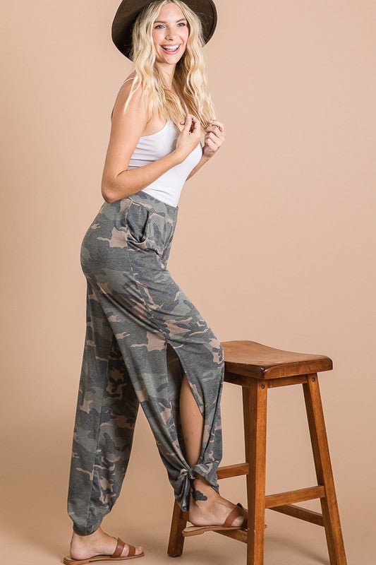 Camo Tied Hem Pants with Side Split - Lavender Hills Beauty7th RayP3585 - LEV - S