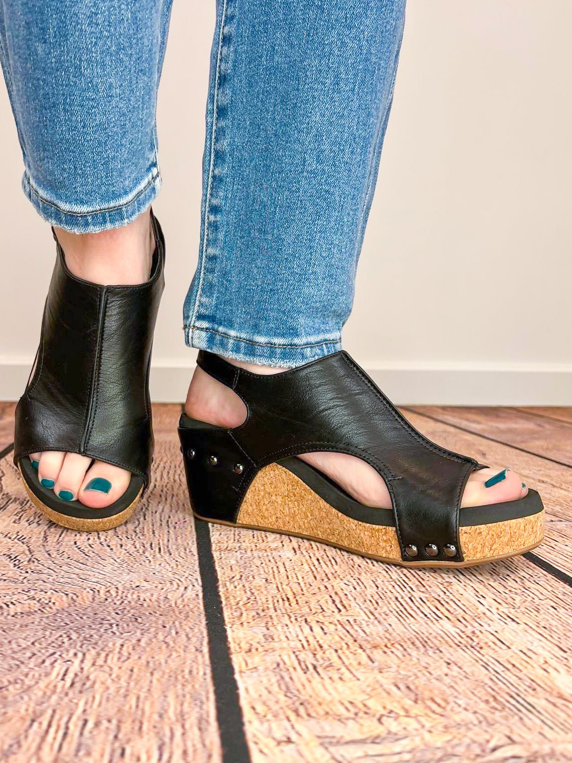 Carley Wedge Sandal - Black Smooth - Lavender Hills BeautyCorkys Footwear30 - 5316 - BKSM - 6