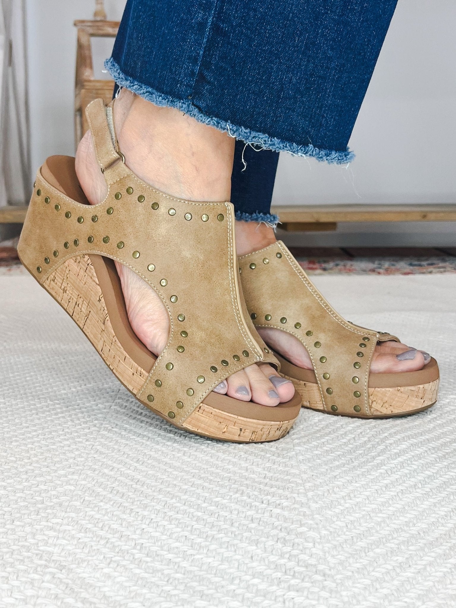 Carley Wedge Sandal - Taupe Oil with Studs - Lavender Hills BeautyCorkys Footwear30 - 5316 - TOST - 6